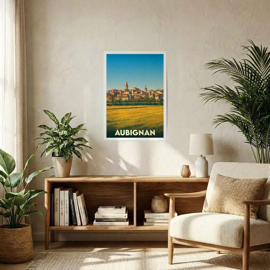 Affiche souvenir de la ville d'Aubignan avec une illustration stylisée de son paysage urbain et de ses champs.