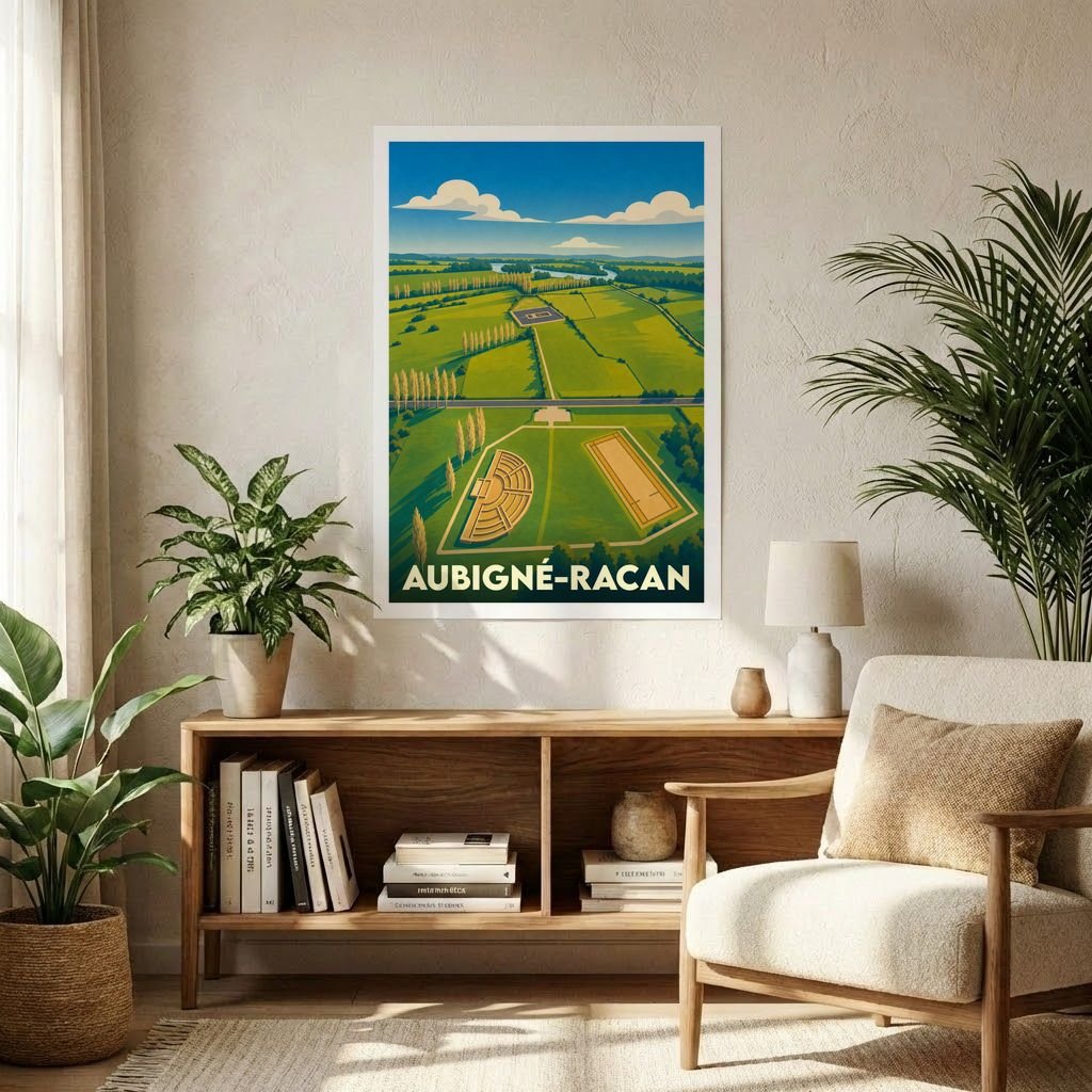Affiche souvenir de la ville d'Aubigné-Racan illustrant son site archéologique gallo-romain dans un style rétro et coloré.