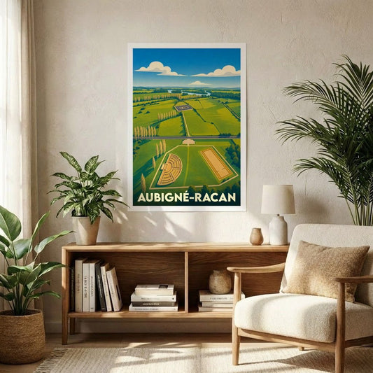 Affiche souvenir de la ville d'Aubigné-Racan illustrant son site archéologique gallo-romain dans un style rétro et coloré.