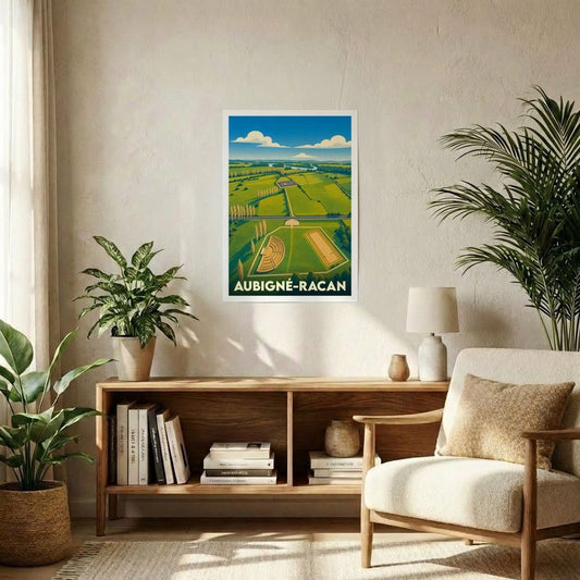 Affiche souvenir de la ville de Aubigné-Racan avec une illustration stylisée des paysages et du site archéologique local.