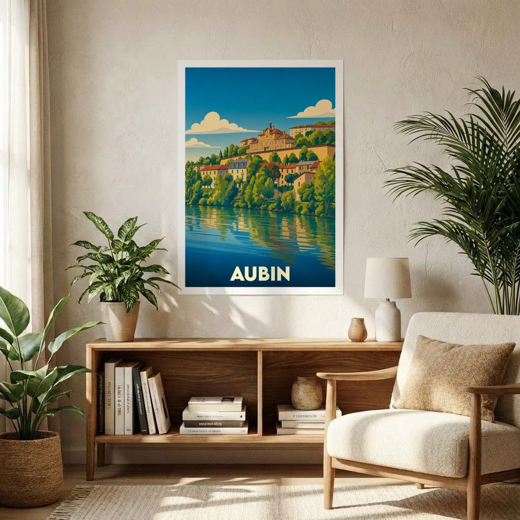 Affiche souvenir de la ville d'Aubin avec une illustration stylisée d'un paysage fluvial.