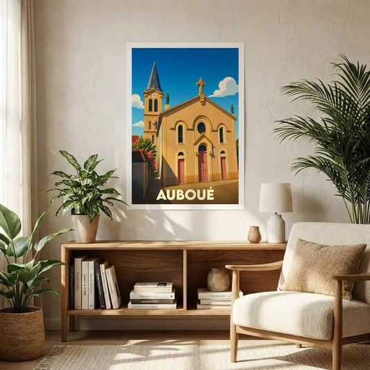 Affiche souvenir de la ville d'Auboué illustrant son église dans un style graphique épuré.