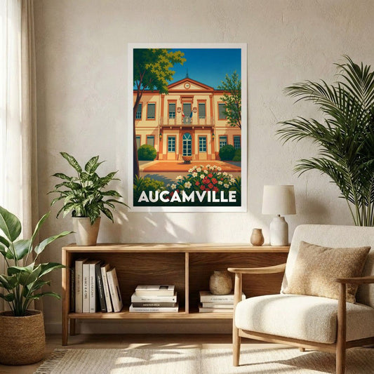 Affiche souvenir de la ville de Aucamville avec une illustration stylisée de son hôtel de ville.