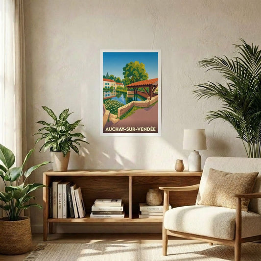 Affiche souvenir de la ville d'Auchay-sur-Vendée avec une illustration stylisée d'un lavoir en bord de rivière.