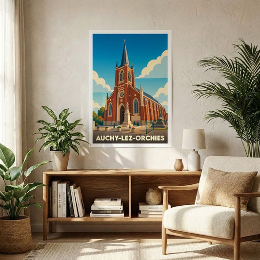 Affiche souvenir de la ville de Auchy-lez-Orchies représentant son église dans un style graphique rétro.