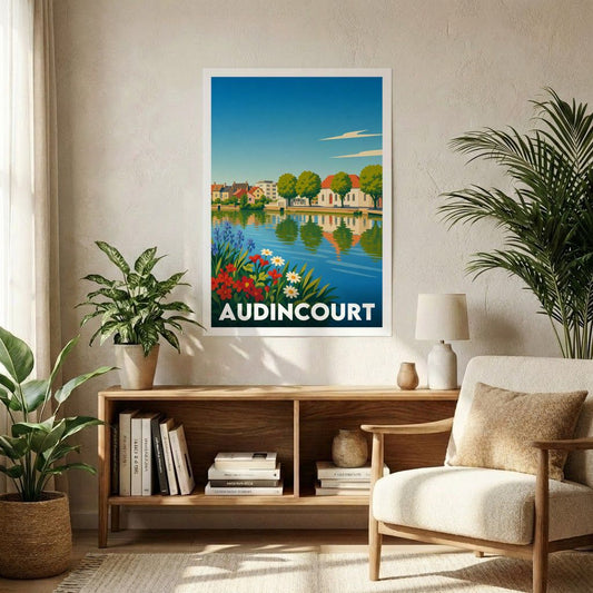 Affiche souvenir de la ville d'Audincourt avec une illustration stylisée d'un paysage de bord de rivière fleuri.
