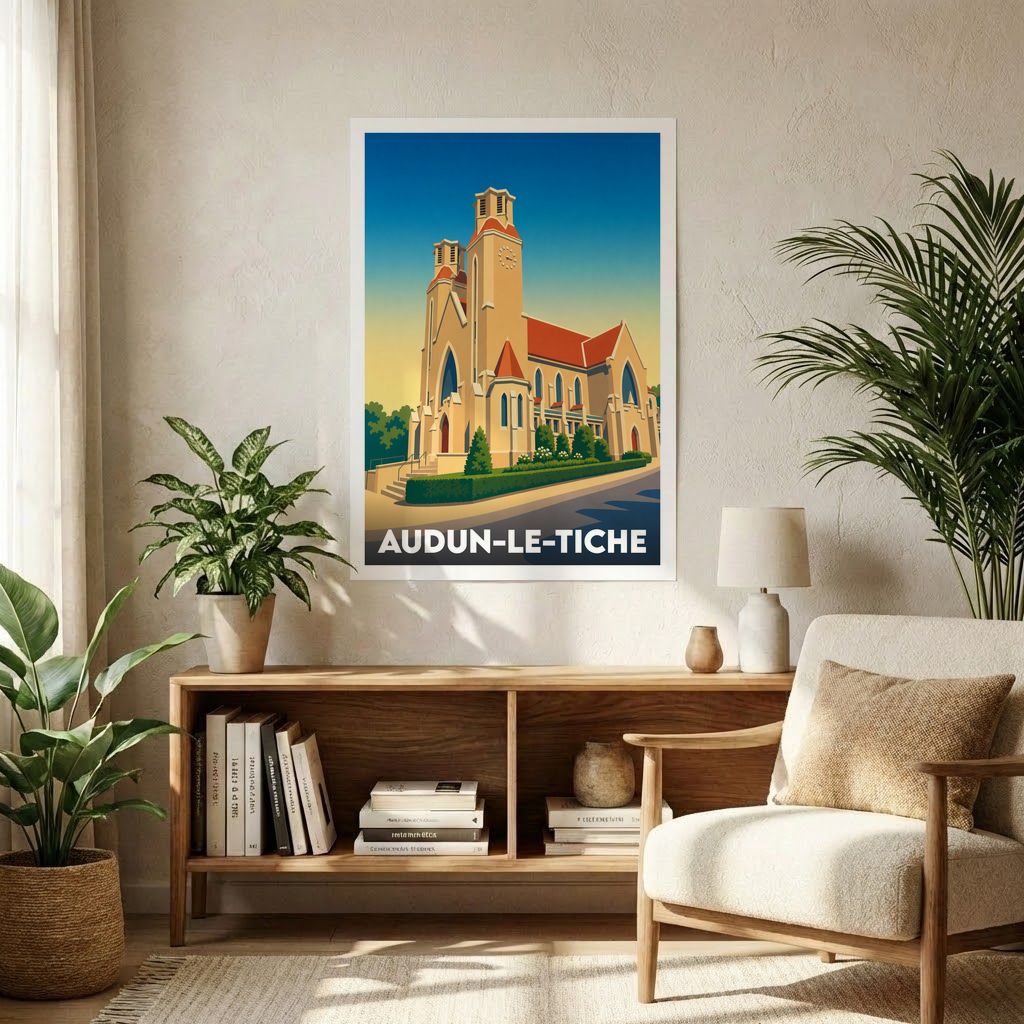 Affiche souvenir de la ville de Audun-le-Tiche avec une illustration stylisée d'une église.