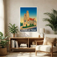 Affiche souvenir de la ville de Audun-le-Tiche avec une illustration stylisée d'une église.