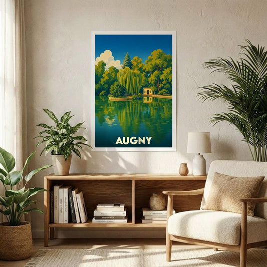 Affiche souvenir de la ville d'Augny avec une illustration stylisée représentant un parc verdoyant et son étang.