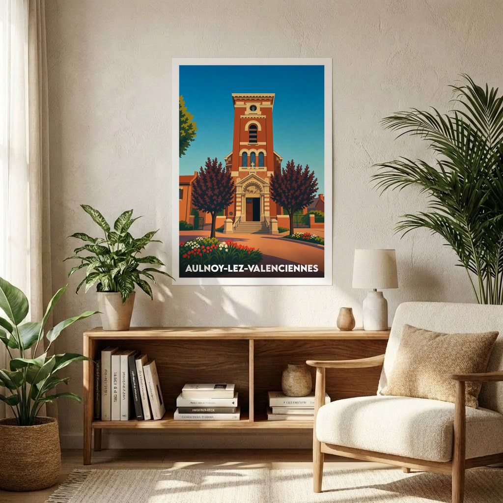 Affiche souvenir de la ville d'Aulnoy-lez-Valenciennes avec une illustration stylisée de son église.