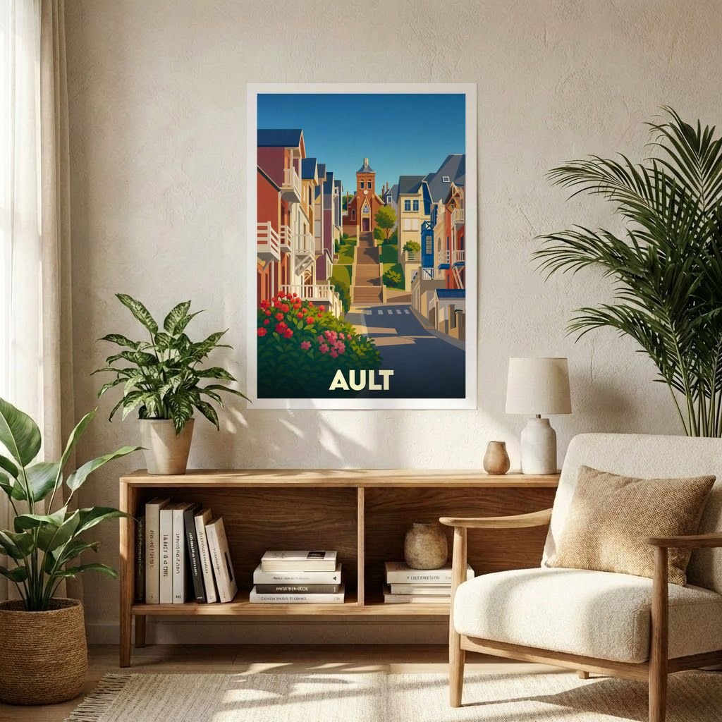 Affiche souvenir de la ville d'Ault avec une illustration stylisée et colorée de ses rues escarpées.