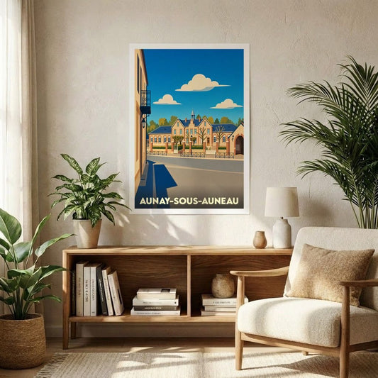Affiche souvenir de la ville d'Aunay-sous-Auneau avec une illustration stylisée d'une place ensoleillée.