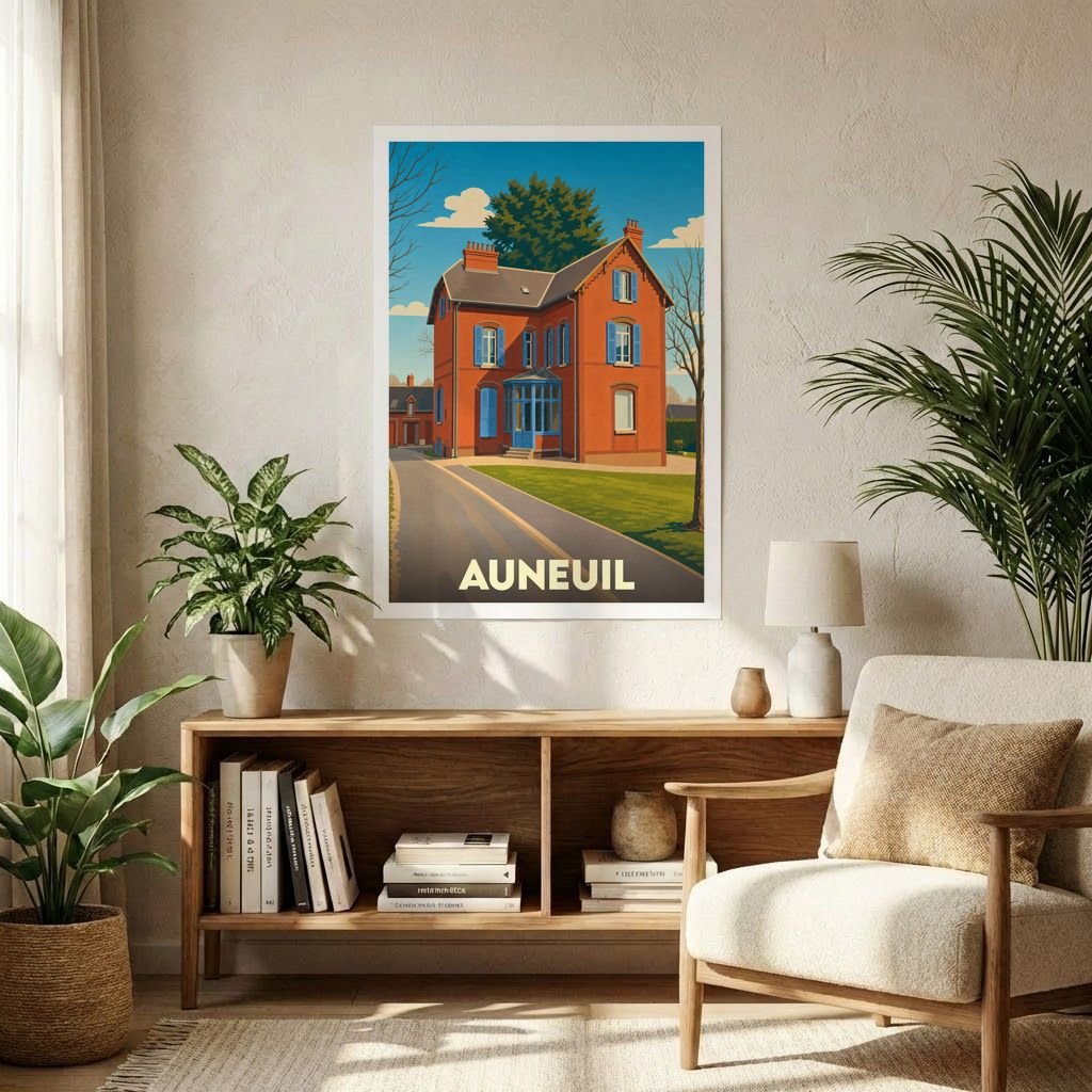 Affiche souvenir de la ville d’Auneuil avec une illustration stylisée d’une maison traditionnelle.