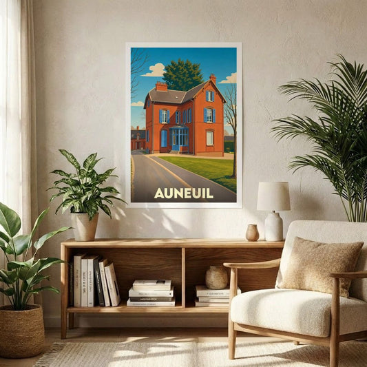 Affiche souvenir de la ville d’Auneuil avec une illustration stylisée d’une maison traditionnelle.