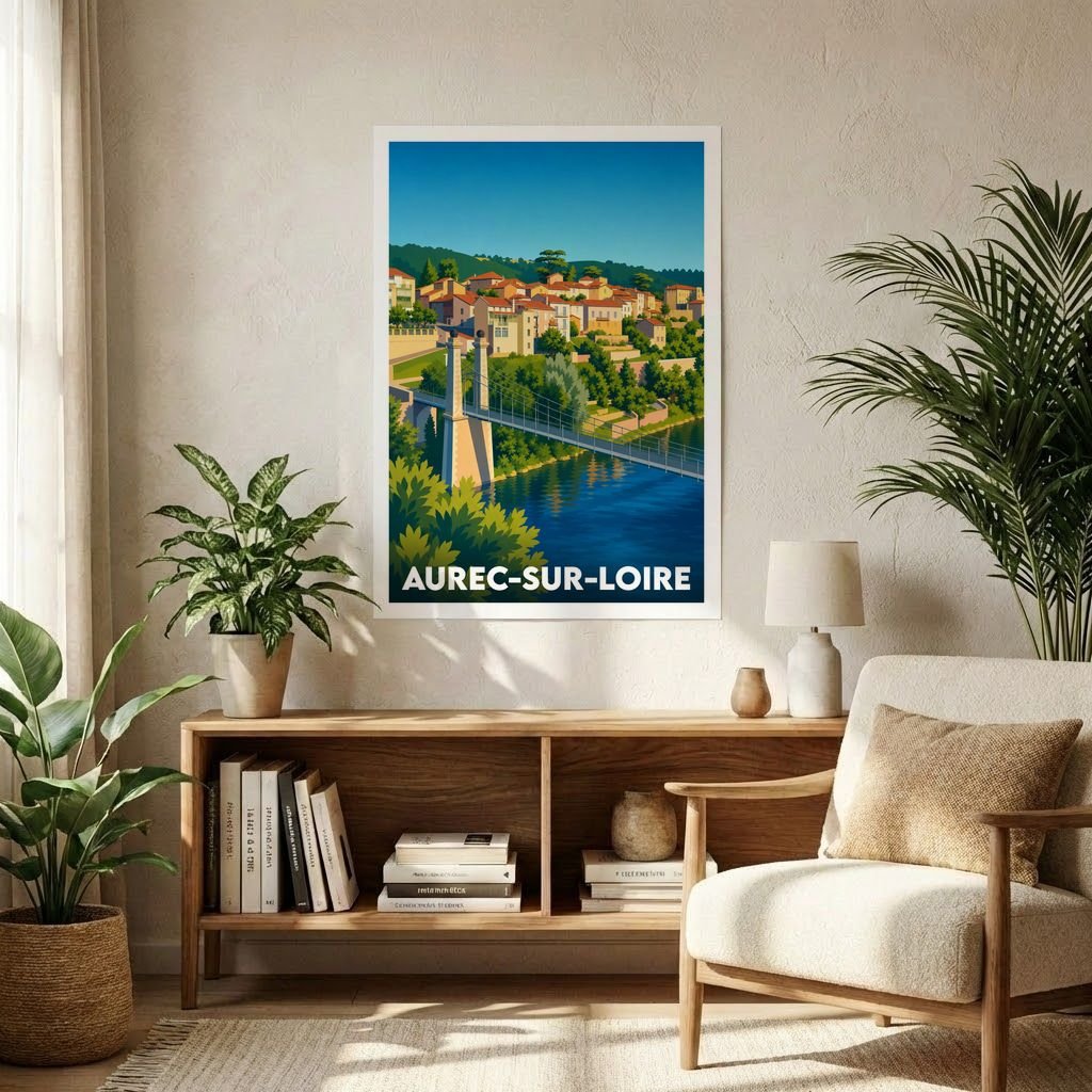 Affiche souvenir de la ville de Aurec-sur-Loire avec une illustration stylisée de son pont et de ses habitations en bord de Loire.