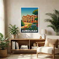Affiche souvenir de la ville d'Aureilhan avec une illustration colorée et stylisée d'un bâtiment historique.