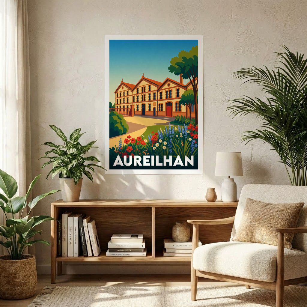 Affiche souvenir de la ville d'Aureilhan avec une illustration colorée et stylisée d'un bâtiment historique.