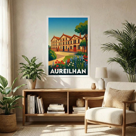 Affiche souvenir de la ville d'Aureilhan avec une illustration colorée et stylisée d'un bâtiment historique.