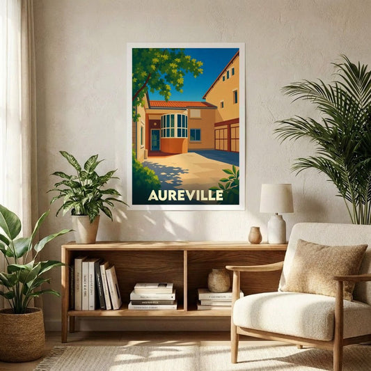 Affiche souvenir de la ville d'Aureville avec une illustration colorée et stylisée de son architecture.
