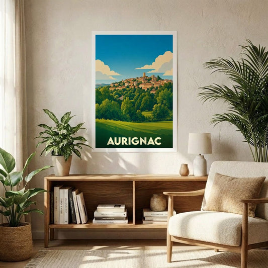 Affiche souvenir de la ville d'Aurignac avec une illustration stylisée d'un village perché.