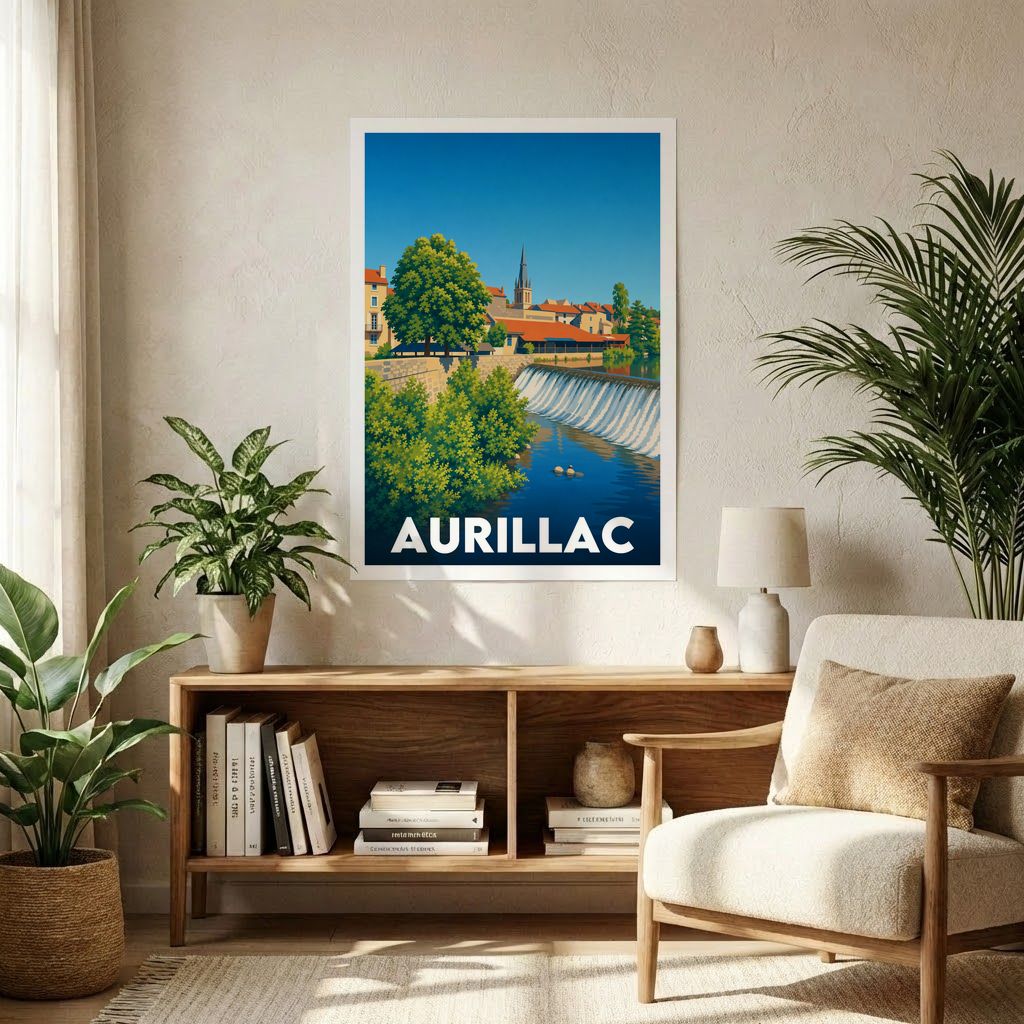 Affiche souvenir de la ville de Aurillac avec une illustration stylisée représentant ses paysages urbains et sa rivière.