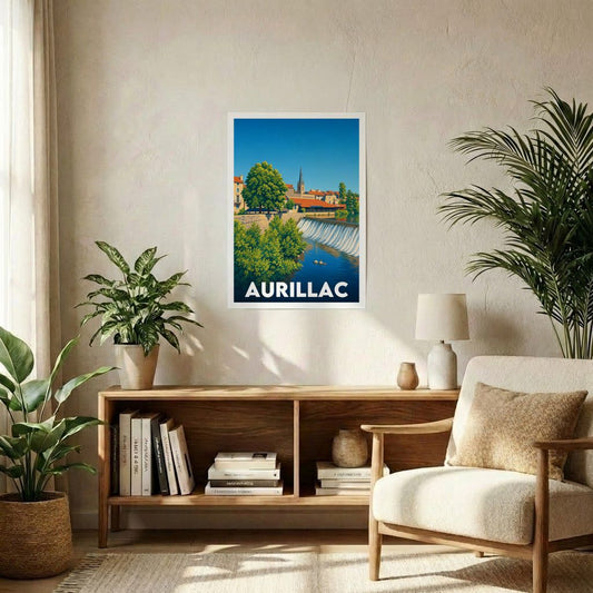Affiche souvenir de la ville d'Aurillac avec une illustration stylisée d'un paysage urbain en bord de rivière.
