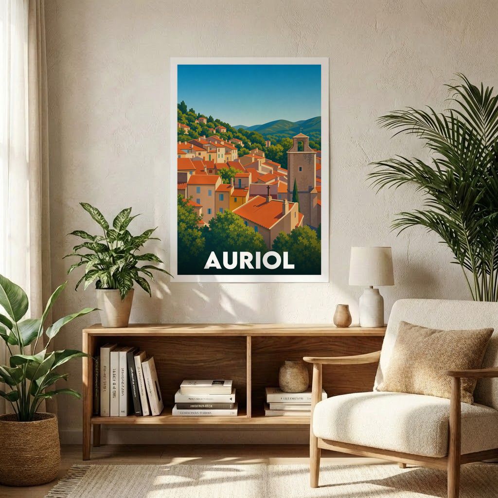 Affiche souvenir de la ville d'Auriol avec une illustration stylisée.