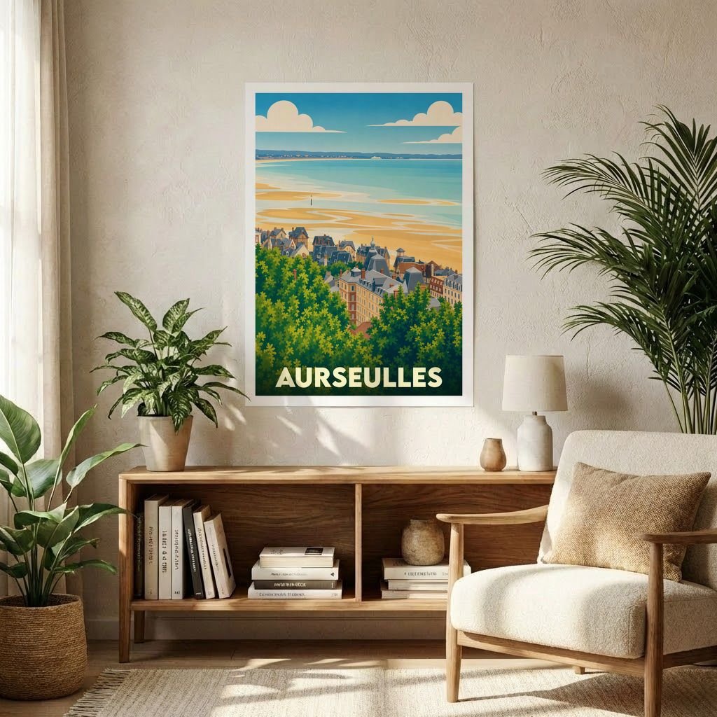 Affiche souvenir de la ville d'Aurseulles représentant un paysage côtier illustré dans un style vintage.