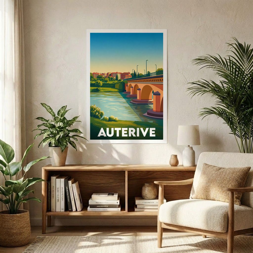 Affiche souvenir de la ville d'Auterive représentant son pont et ses quais dans un style graphique rétro.