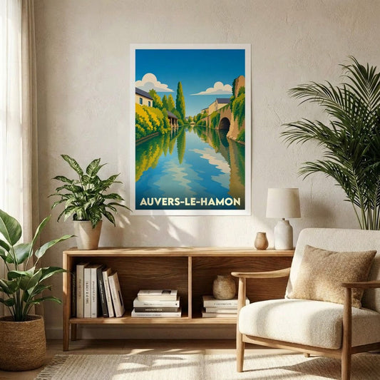 Affiche souvenir de la ville d'Auvers-le-Hamon avec une illustration stylisée de sa rivière et de son pont de pierre.