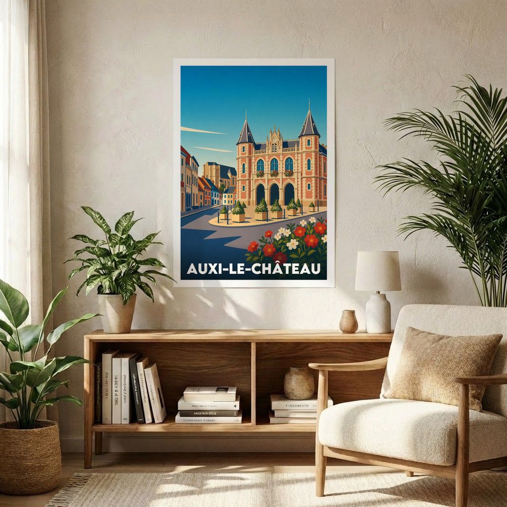 Affiche souvenir de la ville d'Auxi-le-Château avec une illustration stylisée.