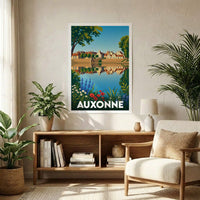 Affiche souvenir de la ville d'Auxonne présentant une illustration stylisée et colorée de ses quais se reflétant dans l'eau.