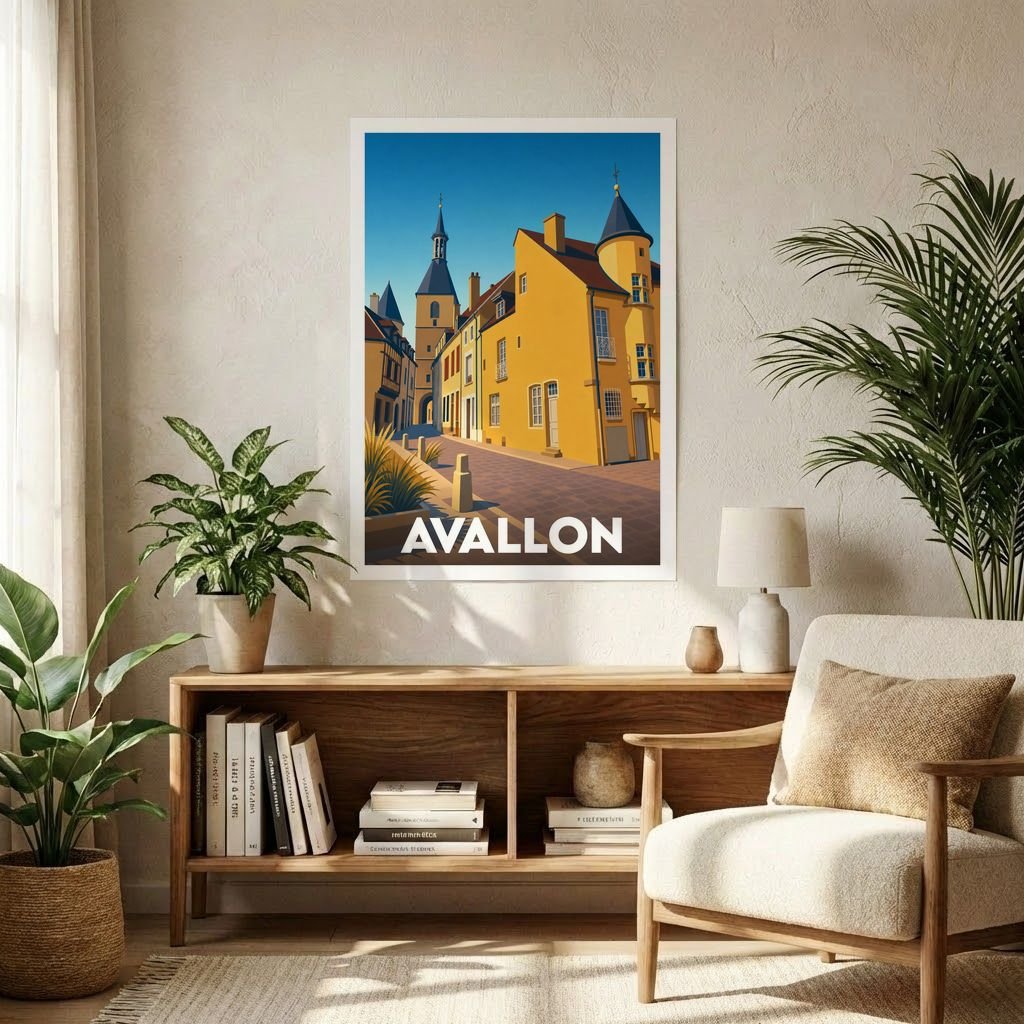 Affiche souvenir de la ville d'Avallon avec une illustration stylisée de son architecture historique sous un ciel bleu.