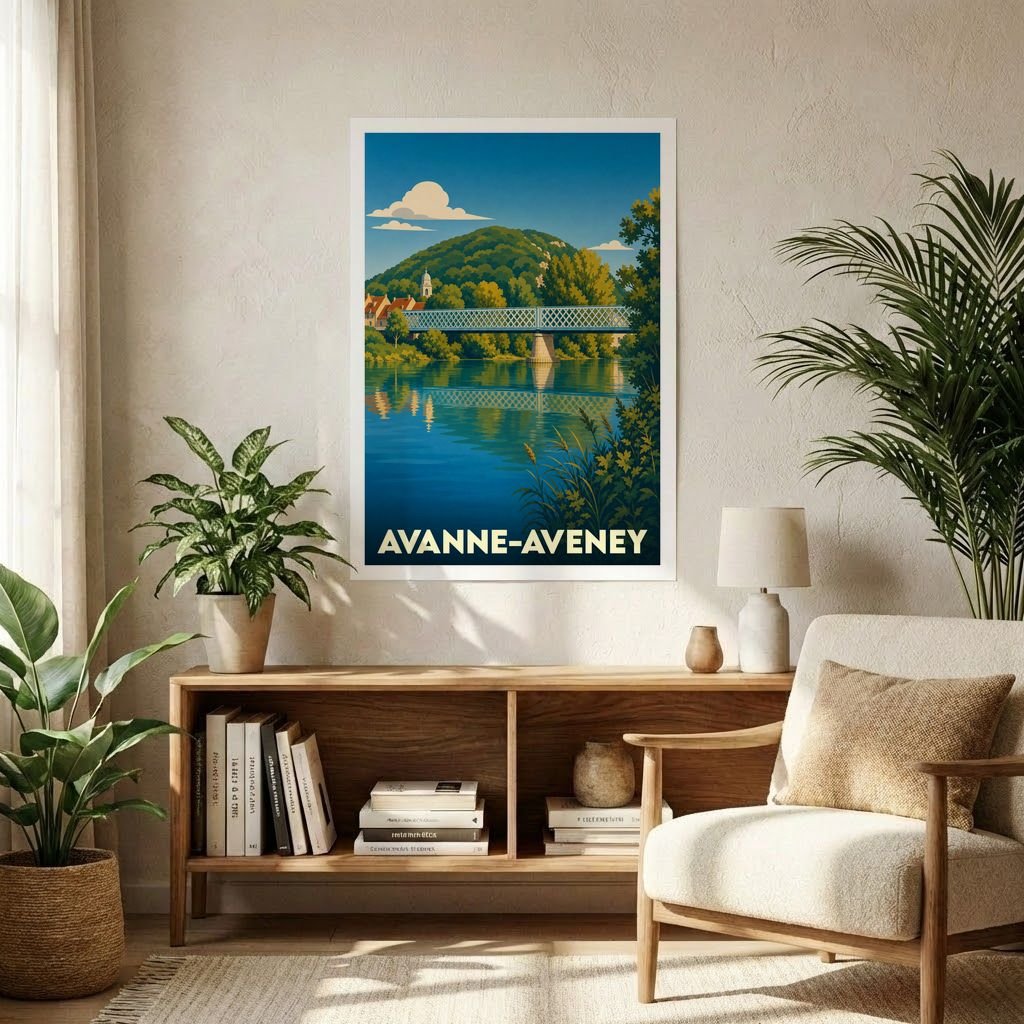Affiche souvenir de la ville d'Avanne-Aveney représentant une illustration stylisée d'un pont traversant une rivière au pied d'une colline boisée.