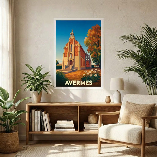 Affiche souvenir de la ville d'Avermes représentant son église dans un style graphique rétro.