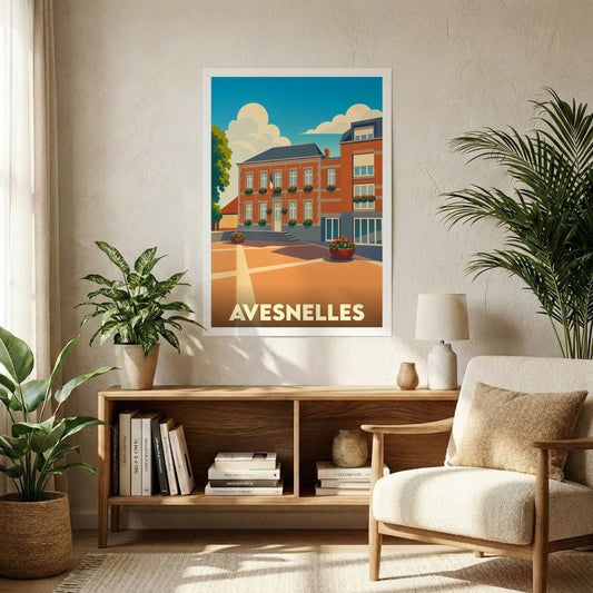 Affiche souvenir de la ville d'Avesnelles avec une illustration stylisée d'un bâtiment emblématique.