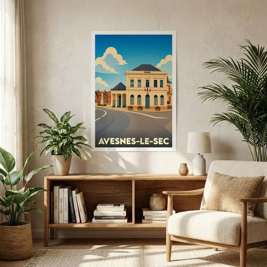 Affiche souvenir de la ville d'Avesnes-le-Sec avec une illustration stylisée de son hôtel de ville.