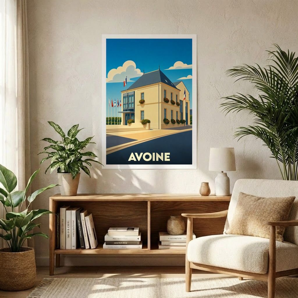 Affiche souvenir de la ville d'Avoine avec une illustration stylisée de l'hôtel de ville sous un ciel bleu.