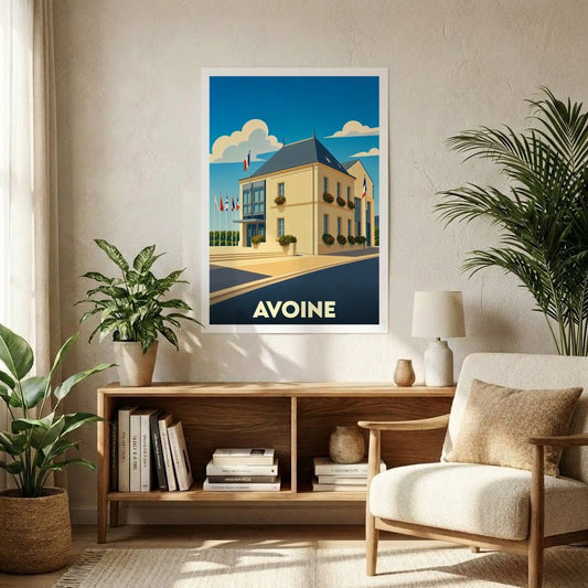 Affiche souvenir de la ville d'Avoine avec une illustration stylisée de l'hôtel de ville sous un ciel bleu.