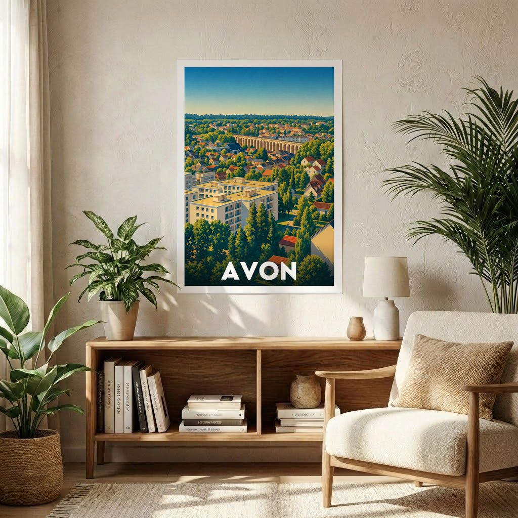 Affiche souvenir de la ville de Avon avec une illustration stylisée de son paysage urbain.