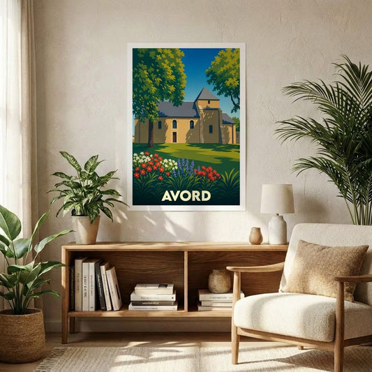 Affiche souvenir de la ville d'Avord présentant une illustration stylisée de son église entourée de verdure.