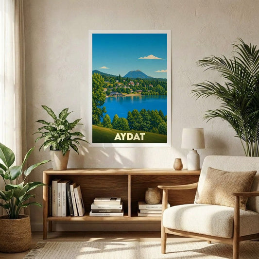Affiche souvenir de la ville d'Aydat avec une illustration stylisée de son lac et des montagnes environnantes.