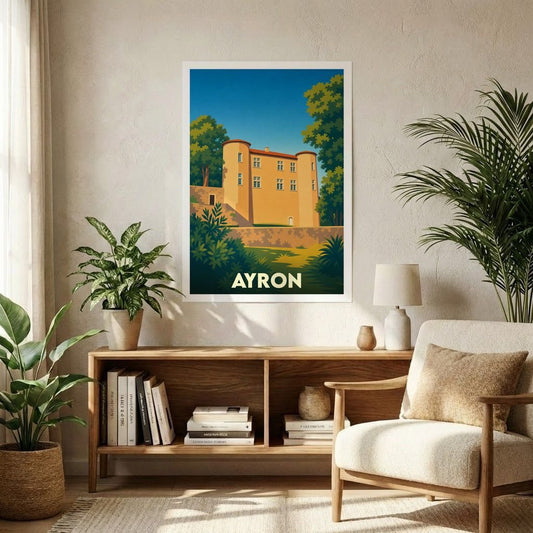 Affiche souvenir de la ville d'Ayron avec une illustration stylisée de son château.