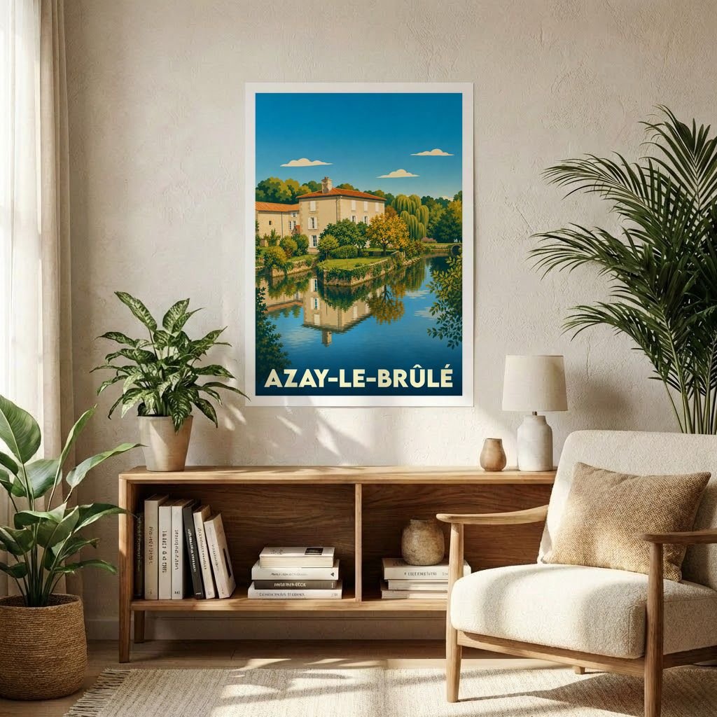 Affiche souvenir de la ville de Azay-le-Brûlé avec une illustration stylisée d'un manoir se reflétant dans l'eau.
