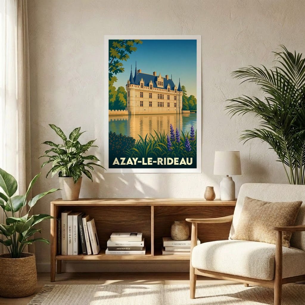 Affiche souvenir de la ville d'Azay-le-Rideau illustrant son château se reflétant sur l'eau dans un style rétro.