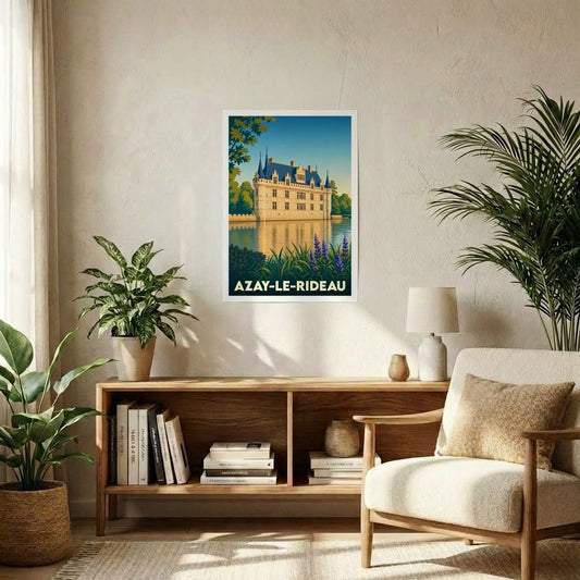 Affiche souvenir de la ville d'Azay-le-Rideau illustrant son célèbre château dans un style graphique rétro.