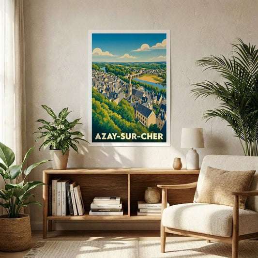 Affiche souvenir de la ville de Azay-sur-Cher avec une illustration stylisée et colorée.