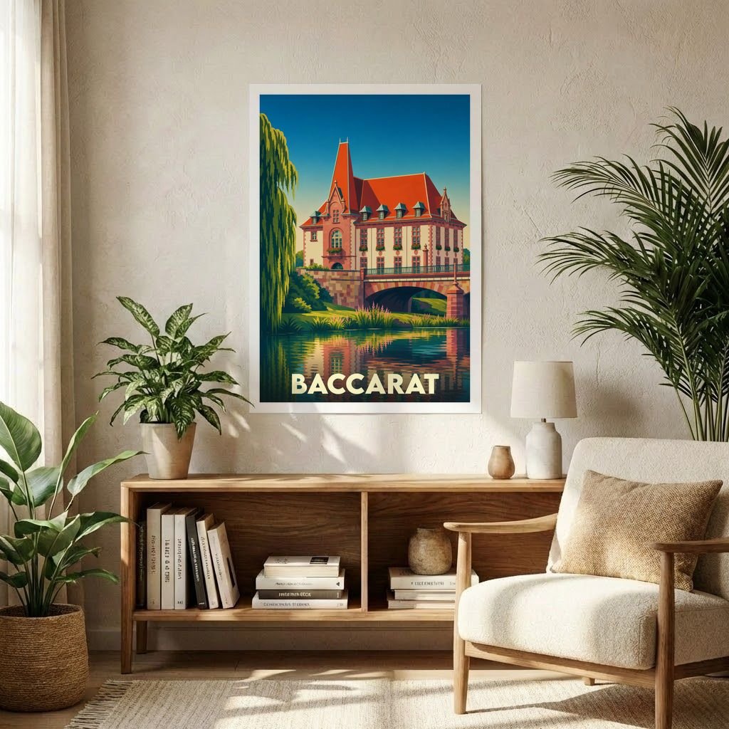 Affiche souvenir de la ville de Baccarat avec une illustration stylisée d'un bâtiment historique au bord de l'eau.