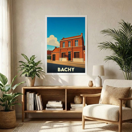 Affiche souvenir de la ville de Bachy avec une illustration stylisée d'un bâtiment typique sous un ciel bleu.