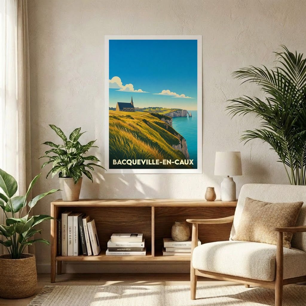 Affiche souvenir de la ville de Bacqueville-en-Caux avec une illustration stylisée de ses falaises et de son église.